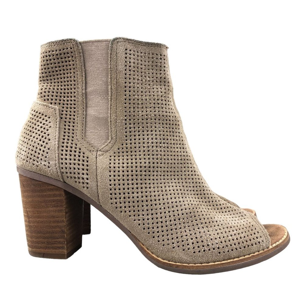 Toms Women's Size 9.5 Majorca Tan Suede Open Toe Perforated Zip Ankle Booties